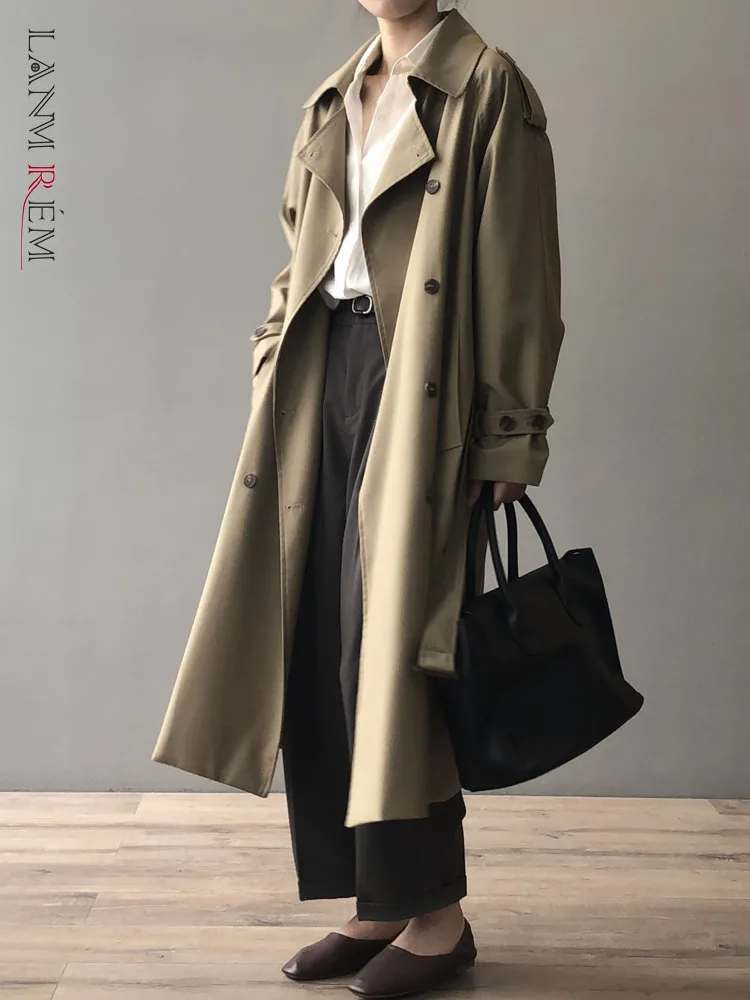 

LANMREM Double Breasted Belted Long Trench Coat Autumn Back Rainproof Casual Loose Windbreaker For Women Gray Khaki 2R4818