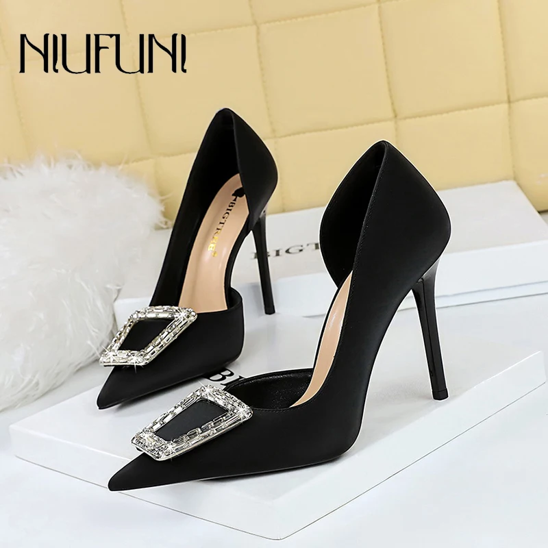 

NIUFUNI Pointed Rhinestone Square Buckle Women's Shoes Stiletto High Heels Suede Solid Color Slip On Summer Fashion Women's Pump
