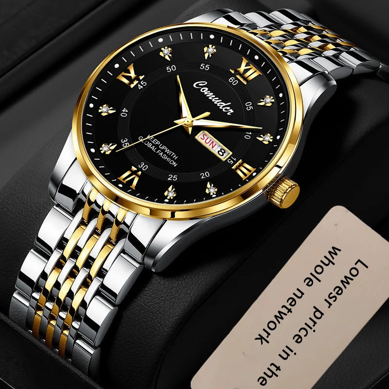 

COMUDIR Men Watch Stainless Steel Top Quailty Luxury Push Button Hidden Clasp Waterproof Luminous Date Week Sport Wrist Watches