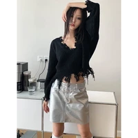 2022 hot girl style loose design knitted sweater ragged fringed v neck long sleeved sweater knitted womens spring and autumn