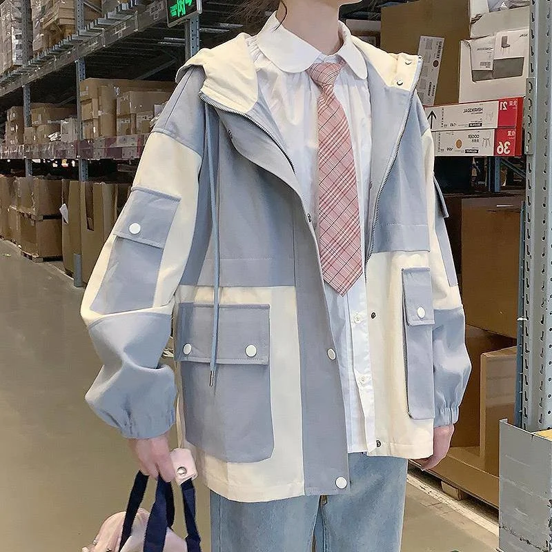 

Autumn Korean version of Harajuku student college style loose wind hooded work coat women's versatile jacket baseball suit trend