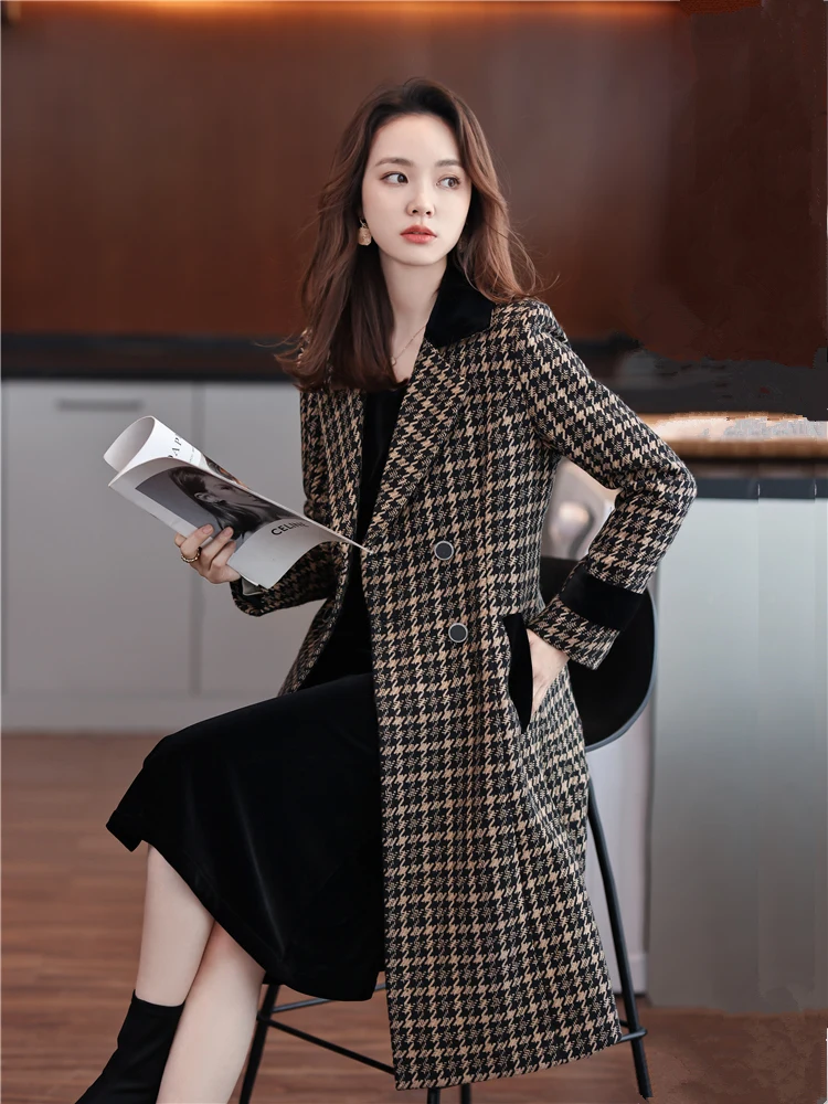 Women Elegant Plaid Long Blazer Trench Coat Jacket French Fashion Design Vintage Slim Double Breasted Windbreaker Female Outwear