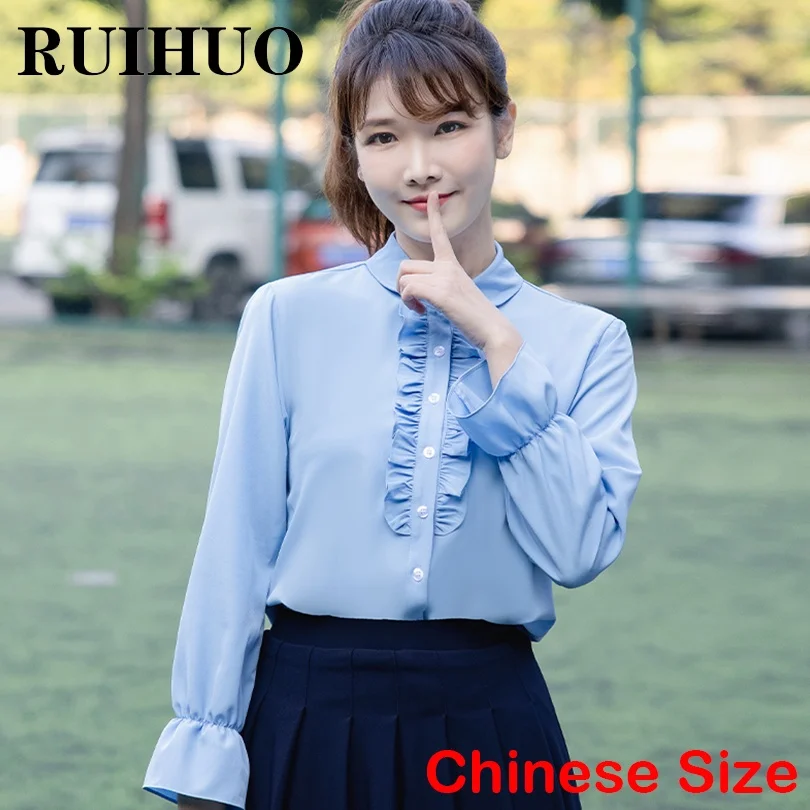 

RUIHUO Solid Shirt Women Top Long Sleeve Blouse Korean Style Summer Clothes Korean Fashion Chinese Size XXS-XXL New Arrivals