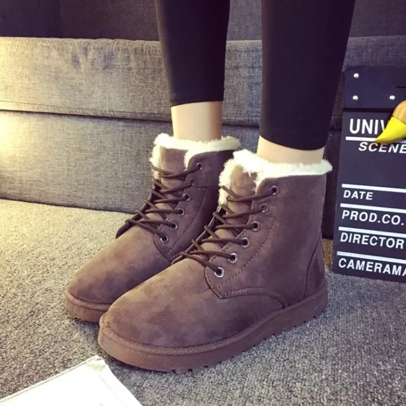 New2022 Women Winter Snow Boots Warm Flat  Platform Lace Up Ladies Women's Shoes New Flock Fur Suede Ankle Boots Female