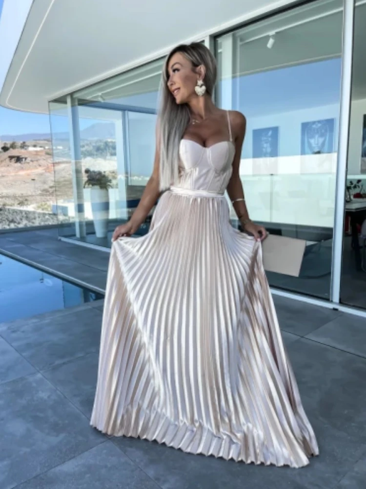 

Women Sexy Party Dress Sling Strap Backless Sleeveless Breast Wrapping Lady Imitation Silk Pressed Pleated High Waist Long Skirt