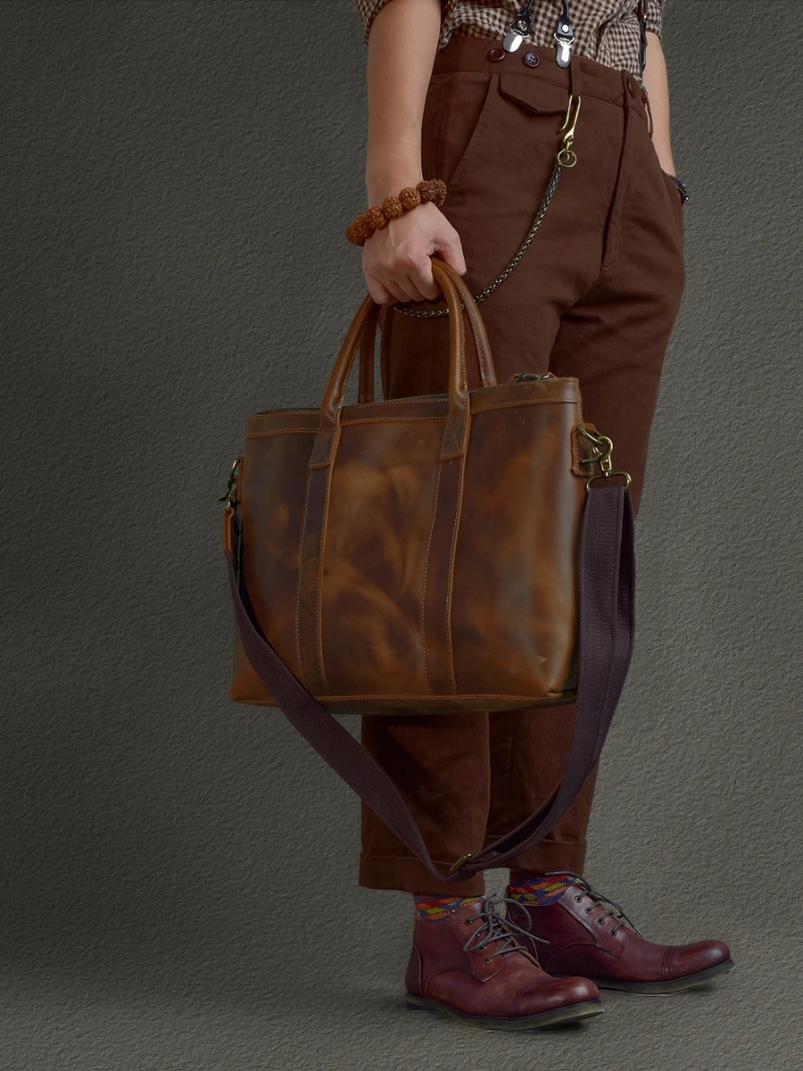 Высококачественный винтажный портфель из кожи Крейзи Хорс с несколькими