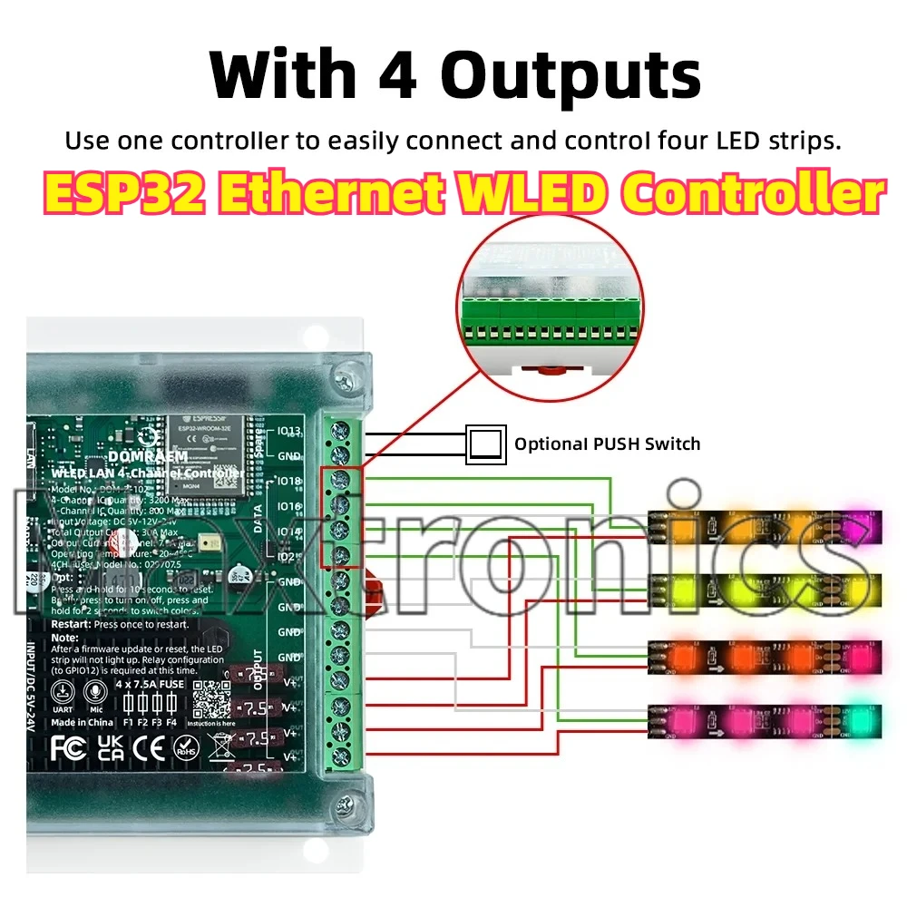 Фото НОВЫЙ контроллер ESP32 Ethernet WLED 2026 года, 20А/30А, 4 канала, крепление на DIN-рейку, независимые предохранители, DIY, Wi-Fi, синхронизация музыки для светодиодных лент WS2811/12 RGB №1