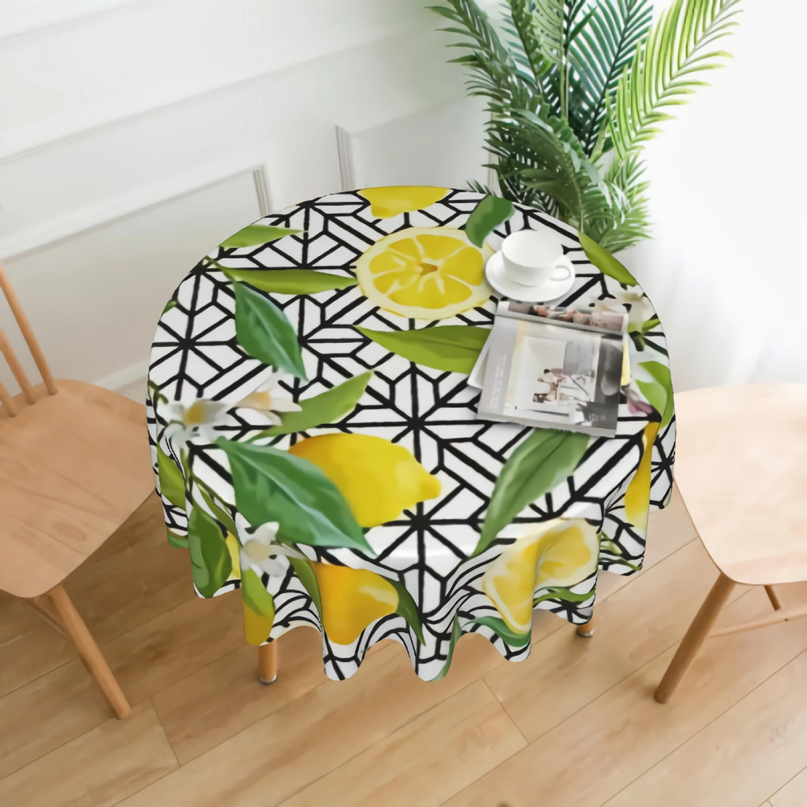 

Lemon Fruits Pattern Dining Room Cloth Table Covers Waterproof Floral Lemons On Geometric Background Table Cover 60 Inches