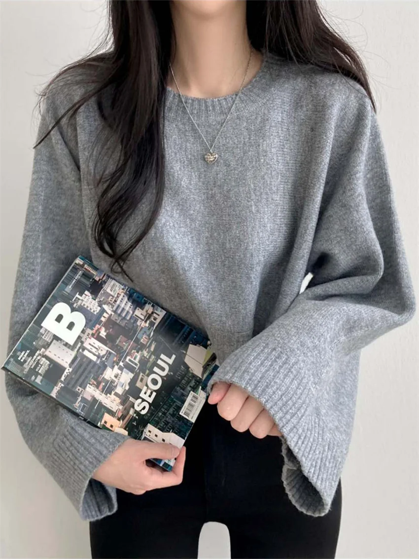 

Женский свободный трикотажный свитер, Повседневный пуловер с длинным рукавом, однотонный, в Корейском стиле, 2023