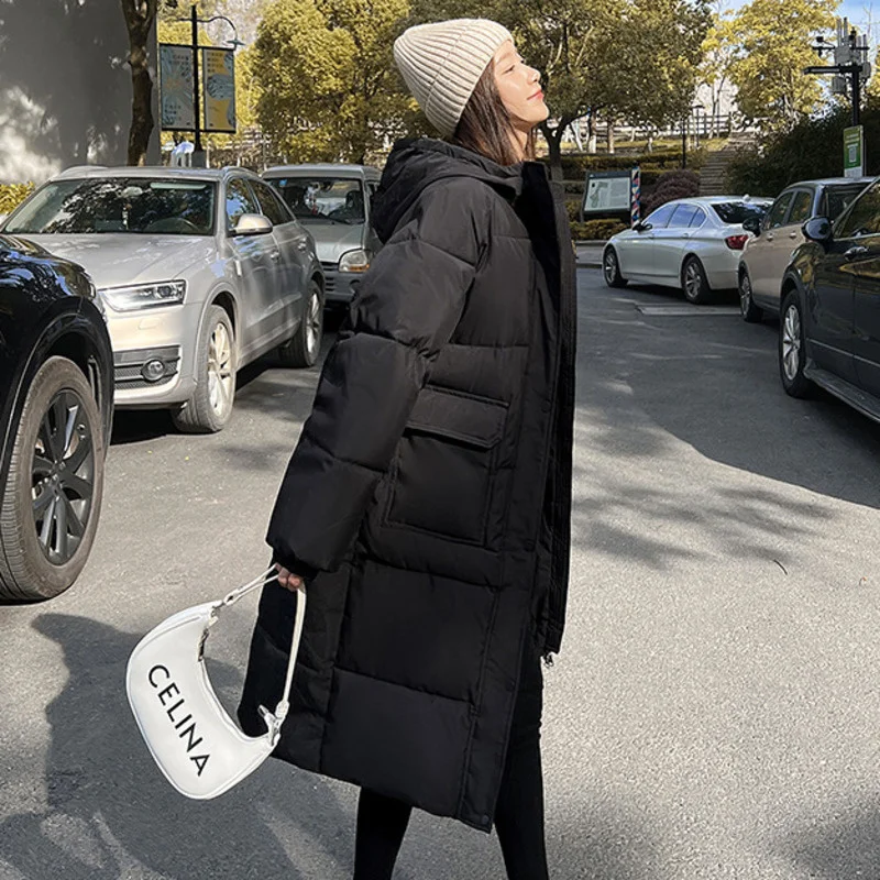 2022 Winter New Womens Long Knee Cotton Padded Clothes Loose Fashion Hooded Coat Down Jacket Thick Black for Women Clothing