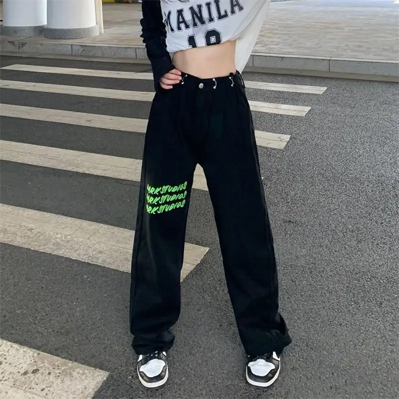 Streetwear Vintage Jeans High Waisted Black Y2k Retro Fashion Printing Trousers For Women's Summer Korean Style Denim Long Pants