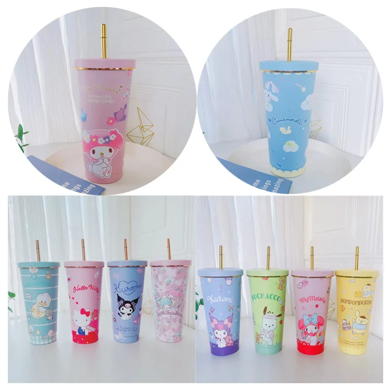 

Аниме мультфильм Sanrios Cinnamoroll Kuromi My Melody Hellokittys нержавеющая сталь термос чашка Kawaii 750 мл большая емкость соломенная чашка