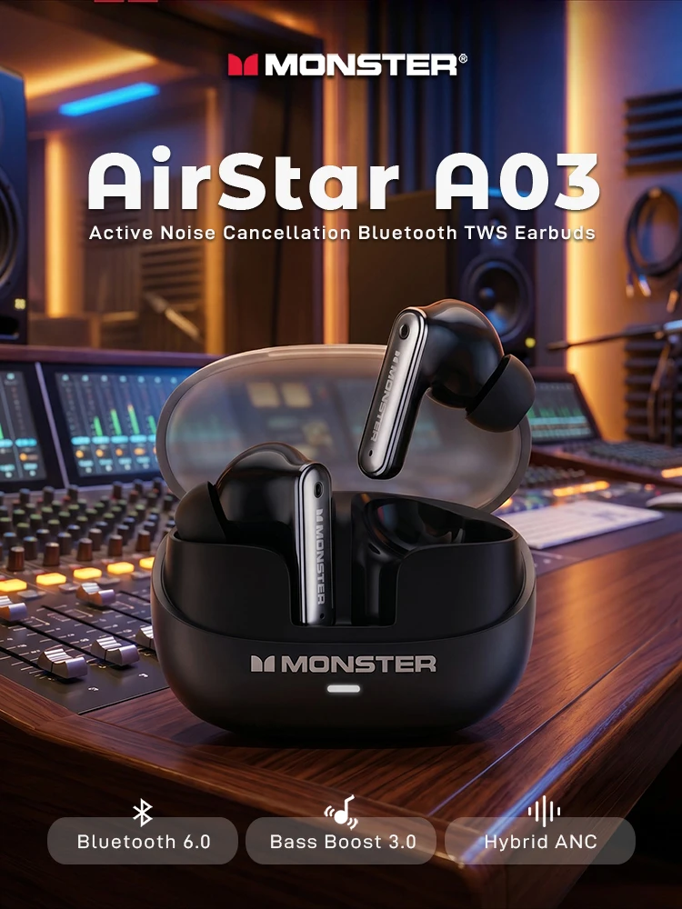Фото Наушники Monster AirStar A03 ANC с мощными глубокими басами, Bluetooth 6.0, TWS, беспроводные, с гибридным активным шумоподавлением №1