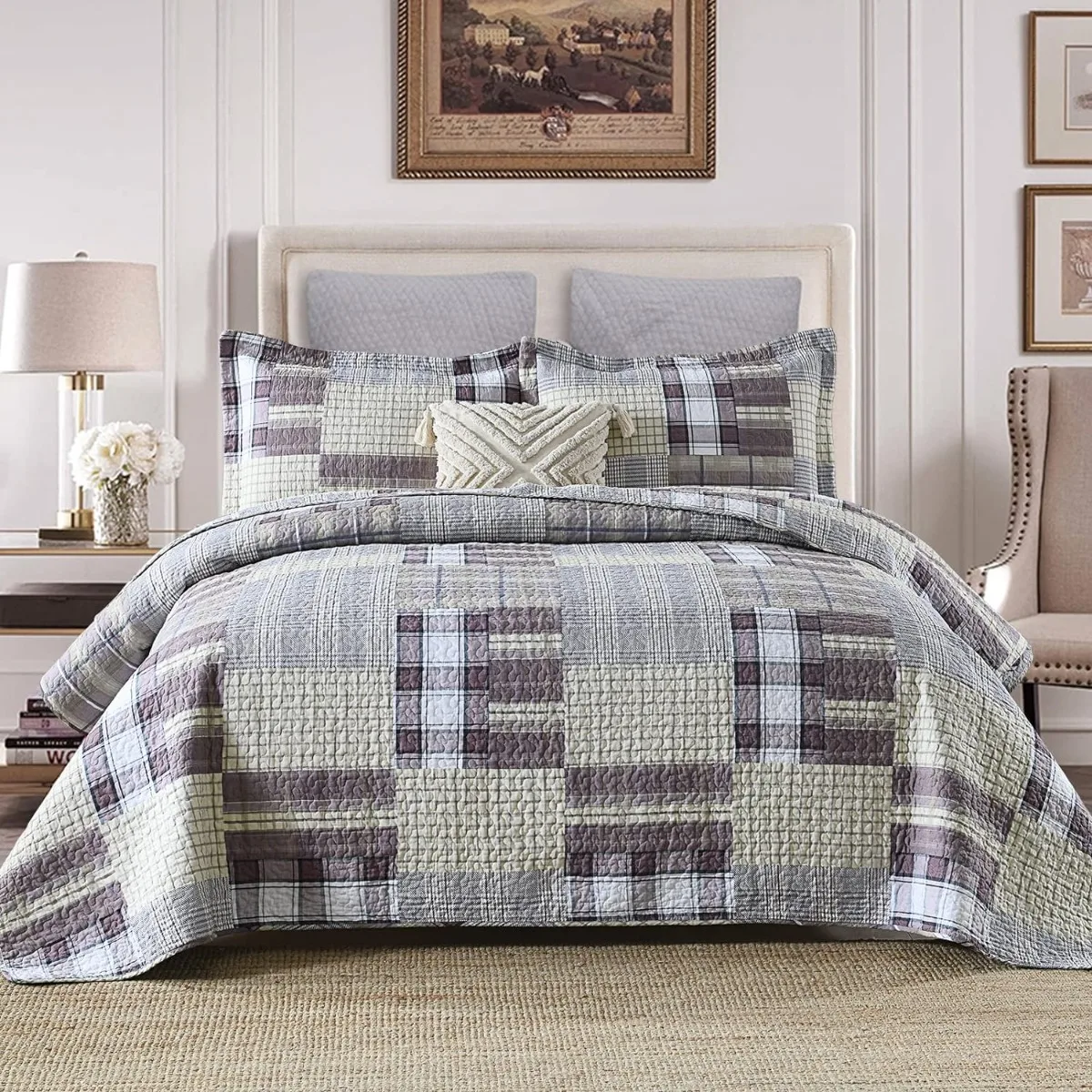 

Комплект стеганого одеяла из 100% хлопка, Королевский размер, легкое двухстороннее одеяло для фермерского хозяйства, фиолетовое деревенское стеганое одеяло, 3 предмета