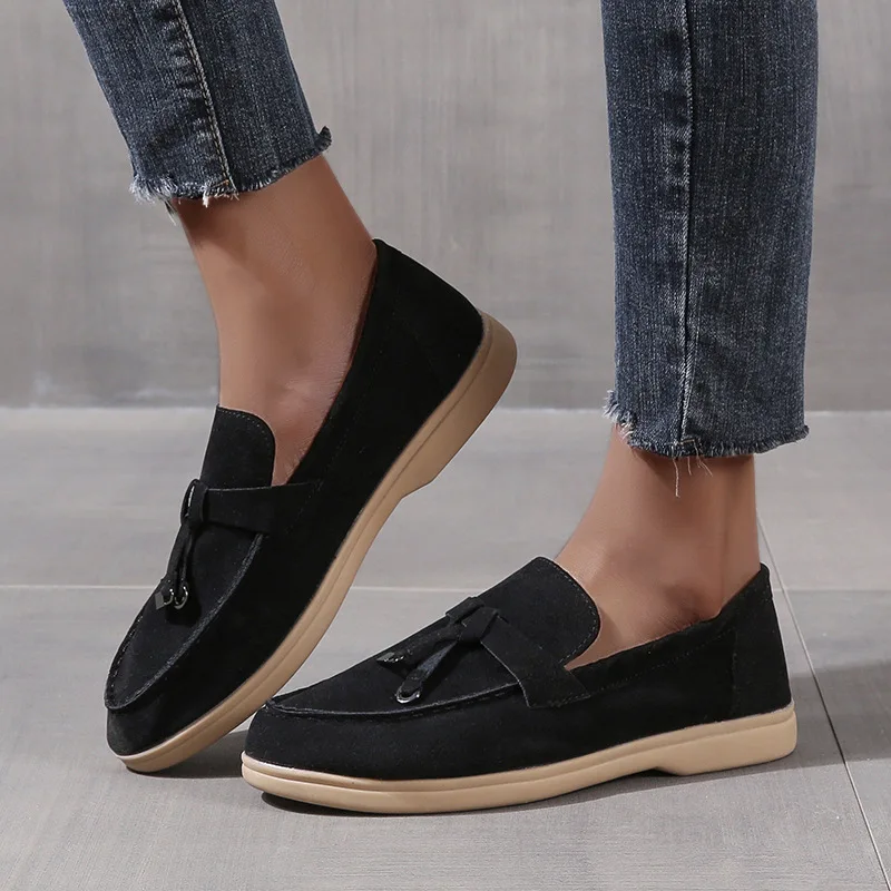 

Comfortable Loafers Women's British Style Round Head Solid Color Shallow Mouth Flats Plus Size Driving Shoes Zapatillas Mujer