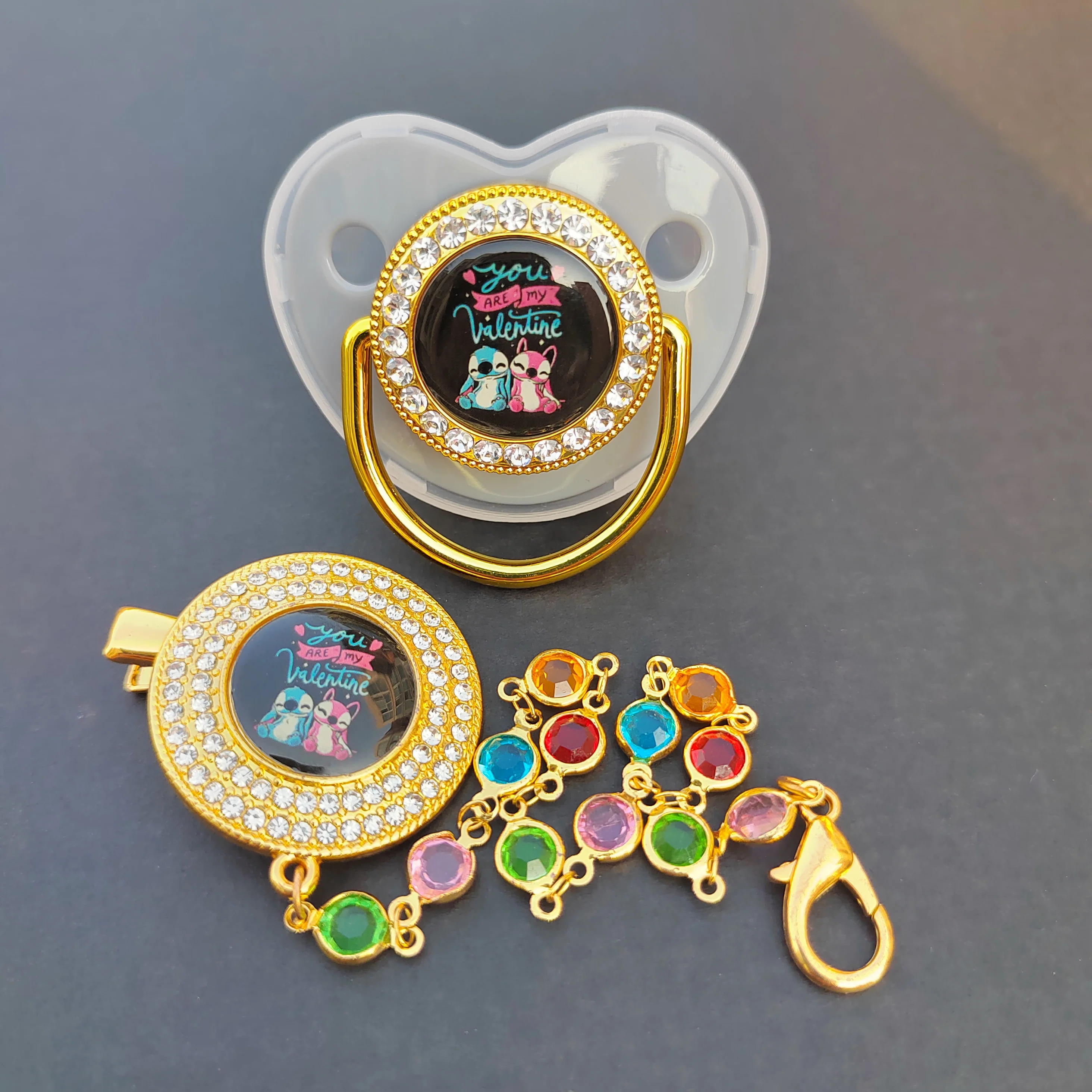 

Gold sparkles Steed black baby pacifier Pearl clip luxury baby pacifier holder teething gel silicone nipple Chupetes para bebes