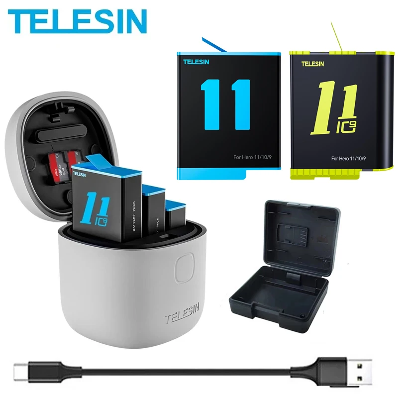 TELESIN 3Pack Battery 1750mAh For GoPro 9 10 11 3 Slots Charger TF Card Reader Storage Charging Box for GoPro Hero 9 10 11