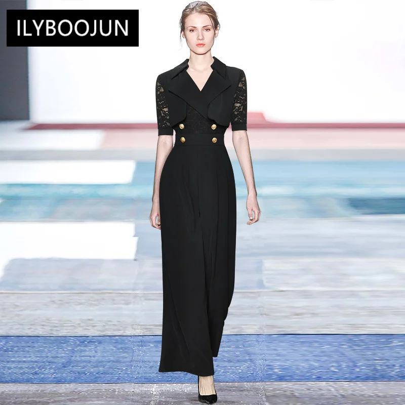 

Женский кружевной комбинезон с коротким рукавом, черный облегающий офисный комбинезон с широкими штанинами, модный дизайнерский комбинезо...