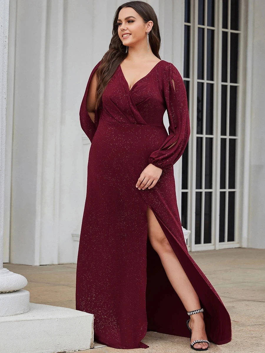 

Plus Size Evening Dress V-Neck Chiffon Slit Lantern Sleeves Shiny Ever Pretty 2022 Mother Of The Bride Dresses Vestidos De Gala