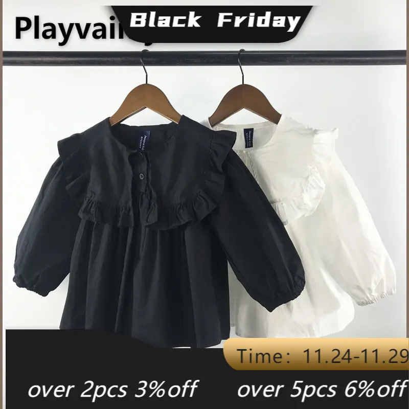

Korean Style 2022 Autumn Family Matching Sets cotton long Sleeves Loose Ruffle black white shirt Mum Daughter top E1183