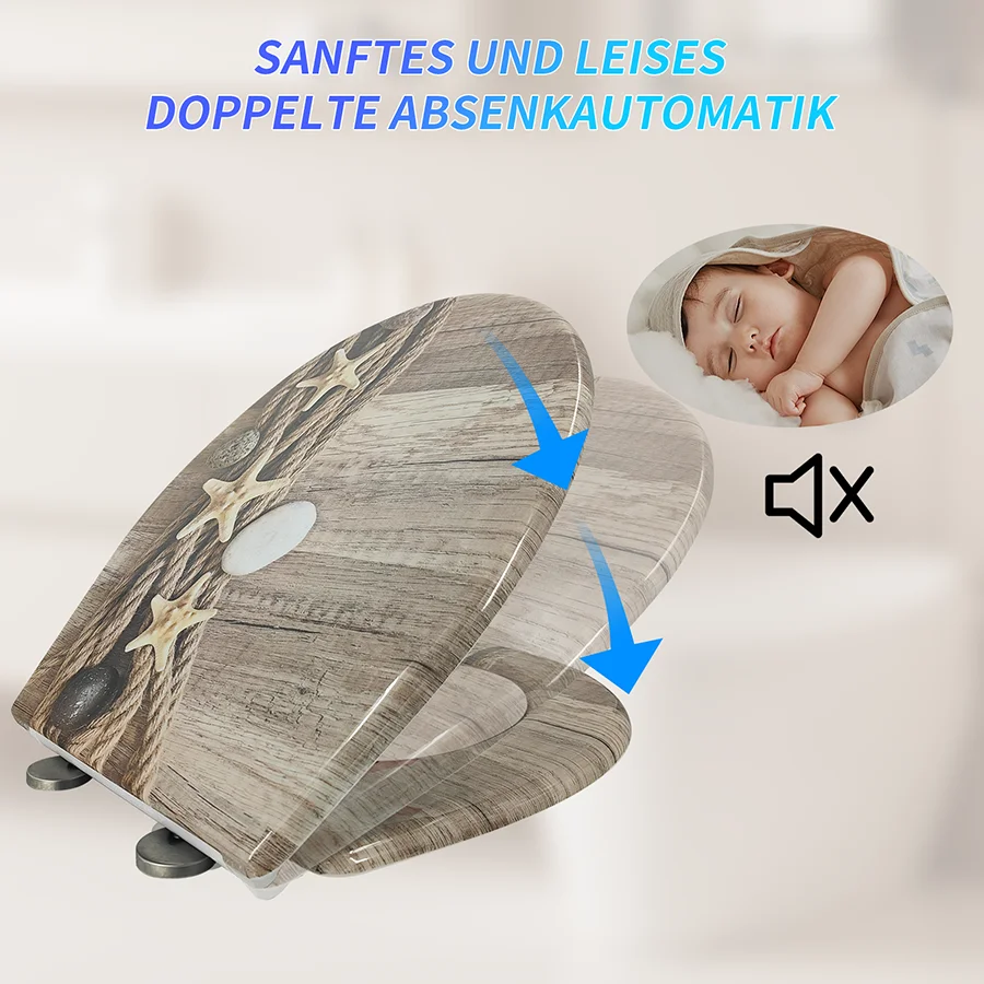 Сиденье для унитаза из смолы с песочно-цветными ракушками тихим и медленным