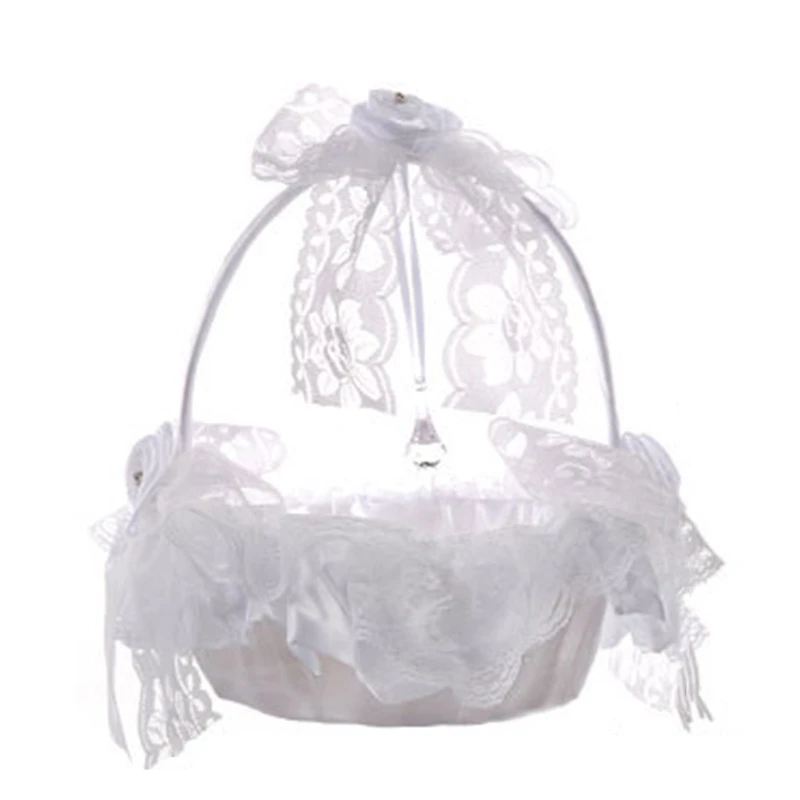 

Small Flower Girl Basket with Handle Lace Bow Faux Flowers Decor for Wedding