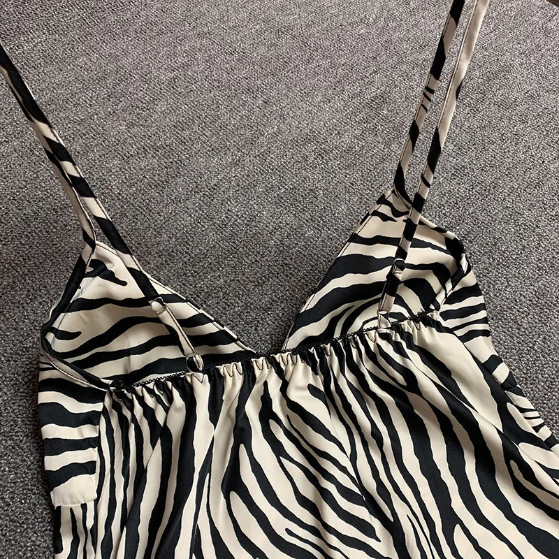 Women Cotton Sleepwear Casual Zebra Sleep Sleeveless Dress Pajamas