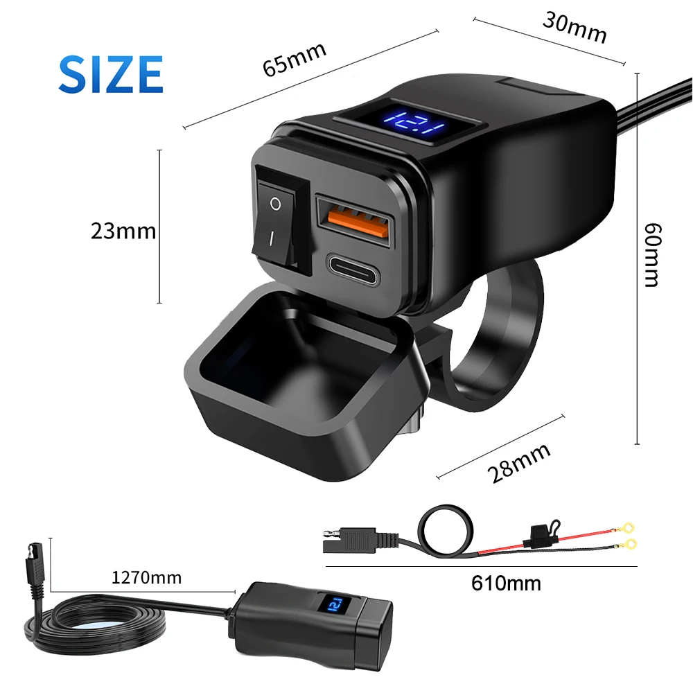 Зарядное устройство для мотоцикла с двумя USB-портами QC3.0, быстрое зарядное устройство, адаптер питания с выключателем, водонепроницаемый цифровой вольтметр, аксессуары для мотоцикла (art.: 3920c76dece14) - 3920c76dece14