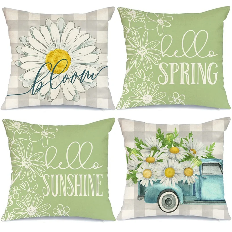 

Set Of 4 Spring Pillow Covers Spring Decorations Buffalo Plaid Farmhouse Throw Pillow Home Sofa Decor Cushion Case 18X18