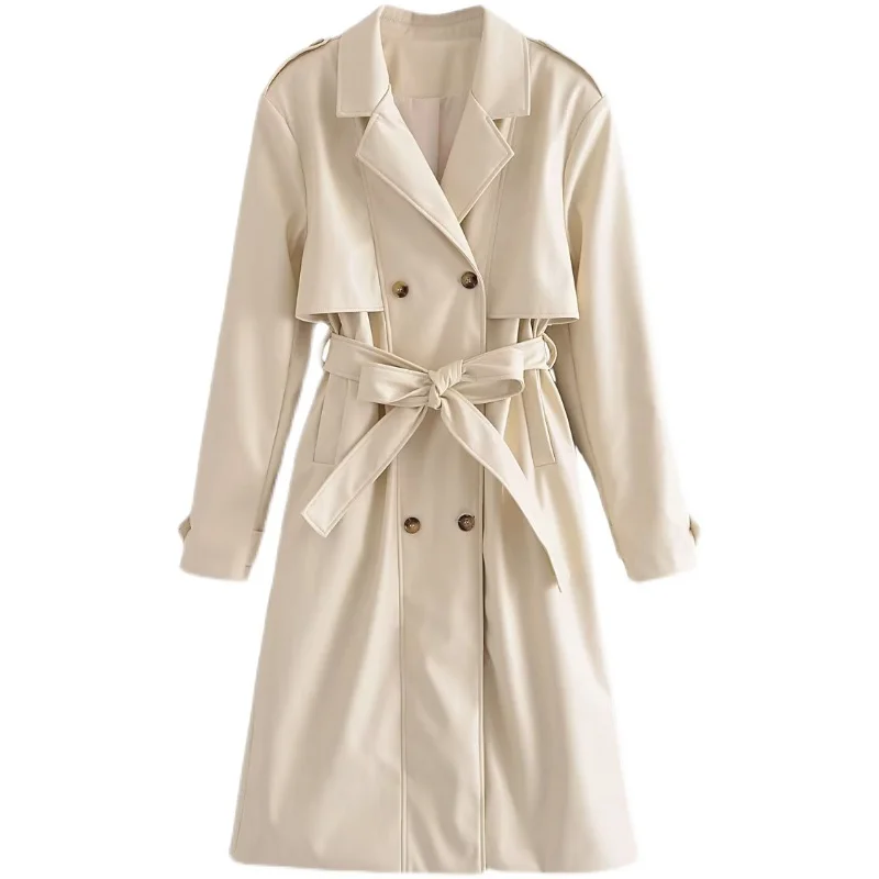 

SuperAen European and American Style Women's New 2022 Double Row Buckle Belt Long Sleeve Office Lady Double Breasted Trench Coat