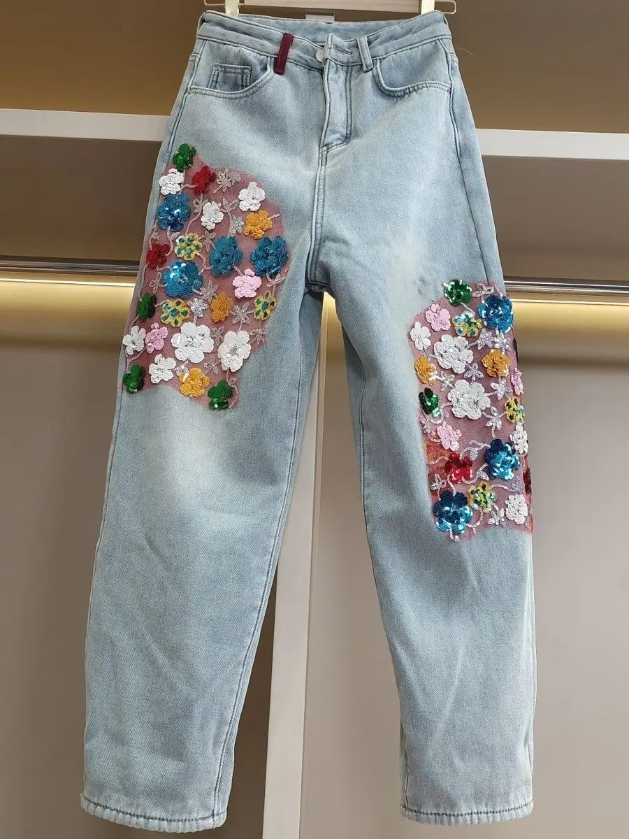 

Модные новые джинсы с инкрустированными бриллиантами цветами женские корейские эластичные брюки с высокой талией трендовые уличные шаровары в стиле пэчворк