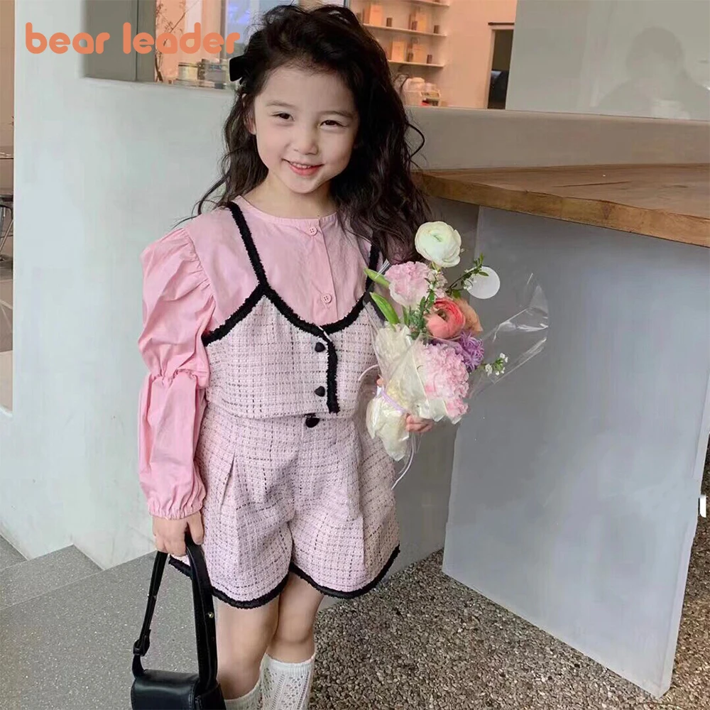 

Bear Leader Girls' Set 2023 New Girls' Casual Round Neck Long Sleeve Top+Plaid Strap+Shorts Set Children's Cute Casual Set