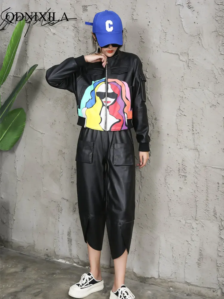 Sheepskin Coat for Women Graffiti Colorful Beauty Figure New Outerwear Leather Jacket Loose Leisure Coat Women's Bomber Jacket