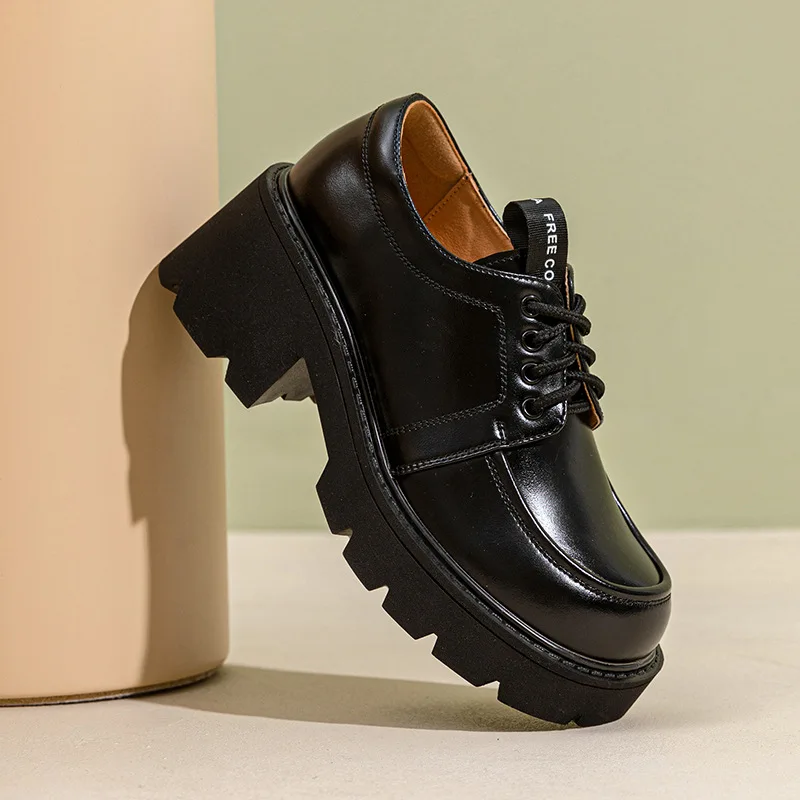 2023 New Women's Oxford Shoes Lace Up Loafers Retro Style Split Leather Material Chunky Platform Round Toe Handmade Shoes