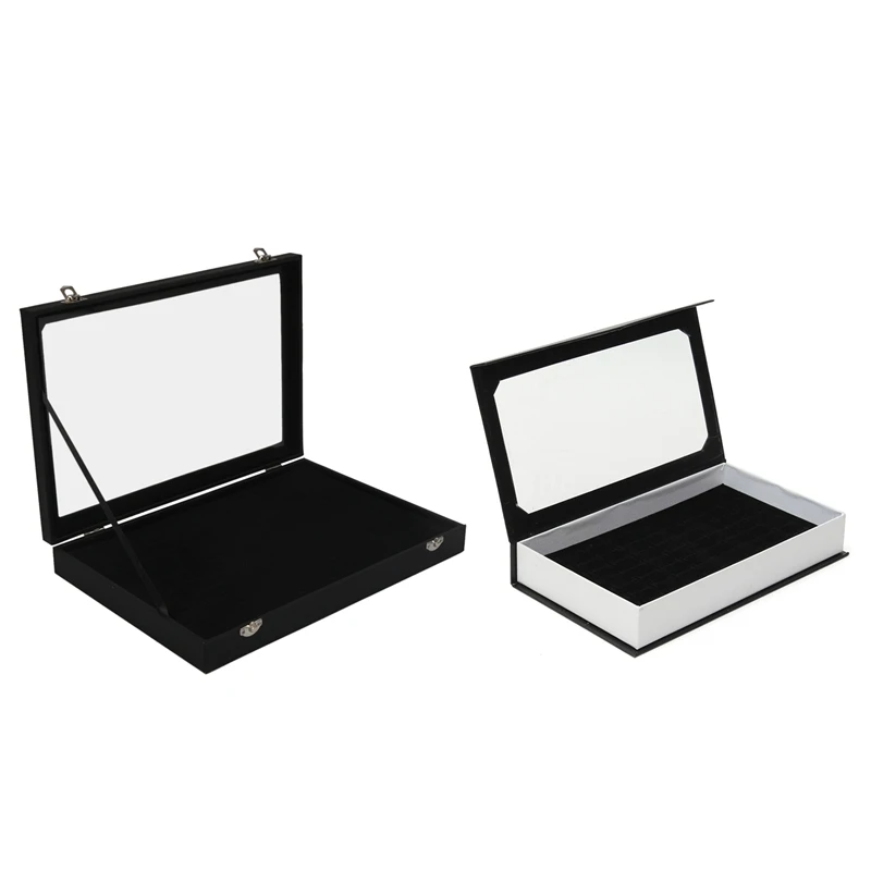 

Glass Lid Black 100 Slot Earring Ring Jewellery Display Storage Box & 72 Ring Black Ring Box With Cover