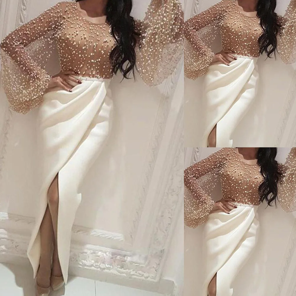 

2021 Summer Women Pearl Long Lantern Sleeve High Waist Dress Evening Party Casual Fall Female New Empire Patchwork Split Dresses