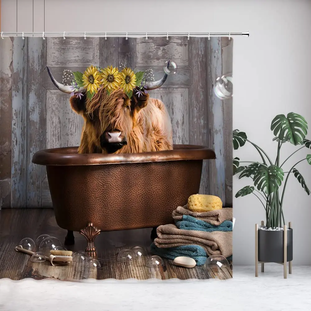 

Highland Cow Bathtub Bath Shower Curtain Funny Bull Longhorn Cattle Sunflower Farm Animal Polyester Fabric Bath Curtains Hook