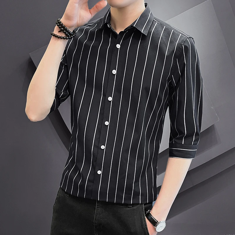 Mid Sleeve Men's Shirts Fashion Striped Casual Shirts Lapel Button Shirts