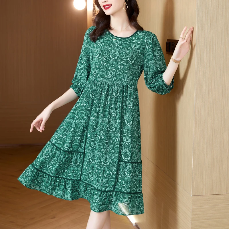 Женское платье с коротким рукавом длинная свободная юбка цветочным принтом и