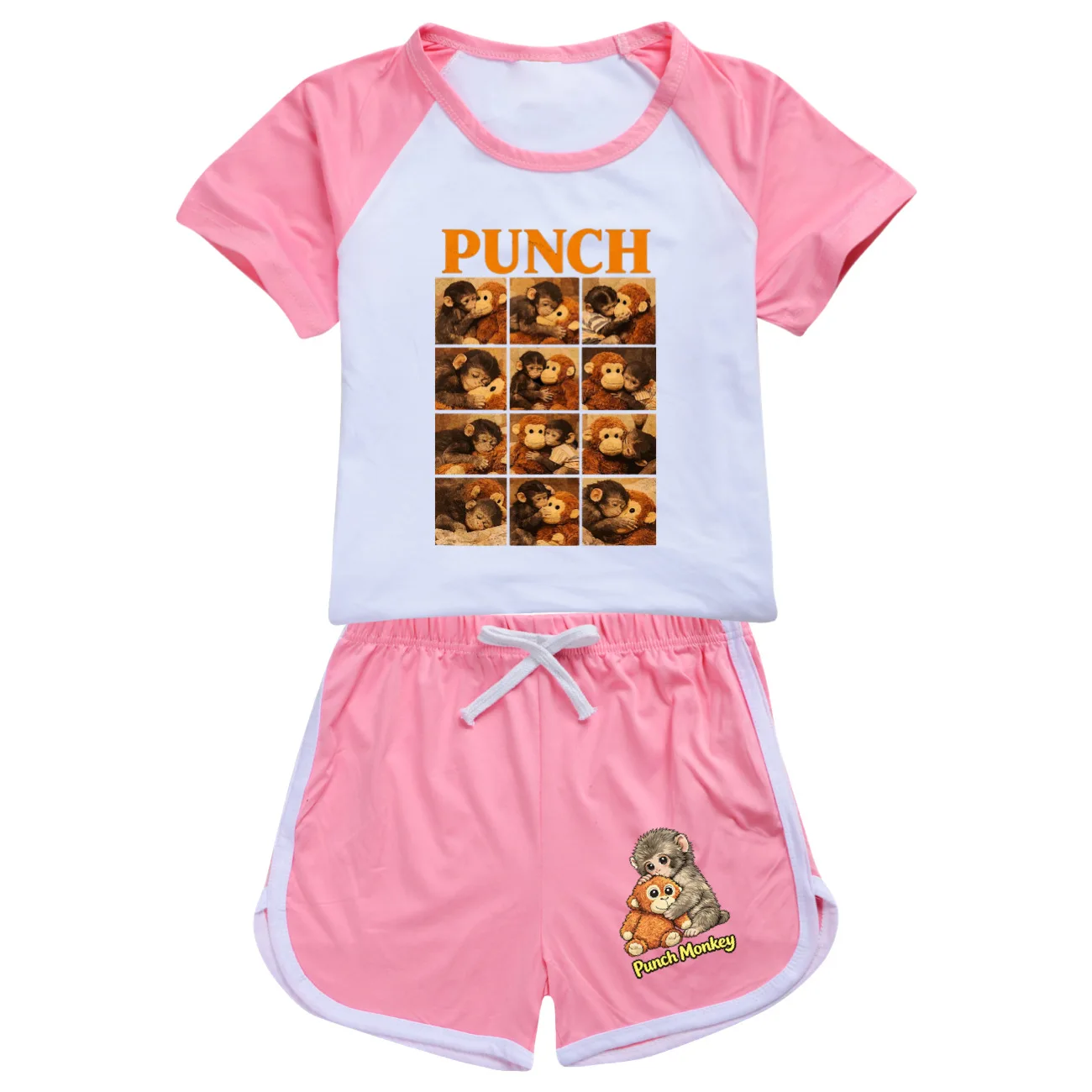 Фото Детский летний пижамный комплект Hot Team Punch Monkey: футболка с коротким рукавом и шорты для девочек, 2 предмета, спортивный костюм №5