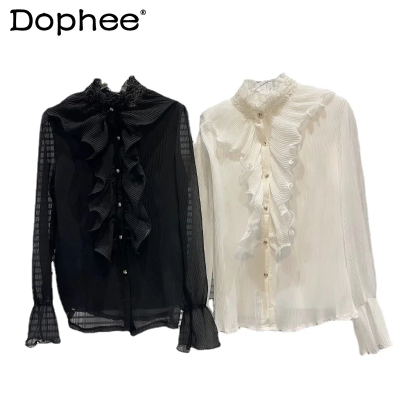 

2023 Autumn New Ruffled Collar Flared Sleeve Striped Pleated Belt Lining Gauzy Shirt Single-Breasted Blusas De Mujer Ladies Tops