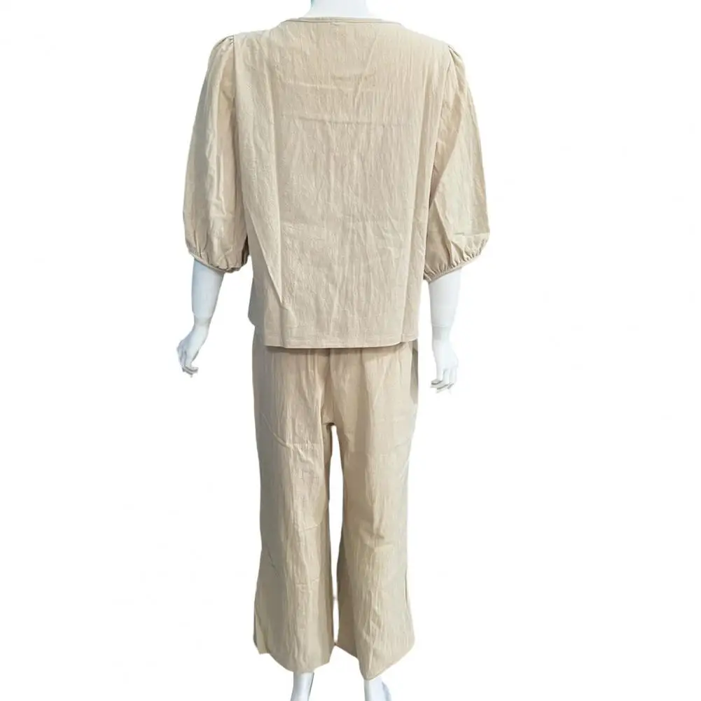 

2 Pcs/Set Trendy Square Neck Comfortable to Wear Women Tops Pants Set Stretchy Waist Vintage Style Blouse Pants Set