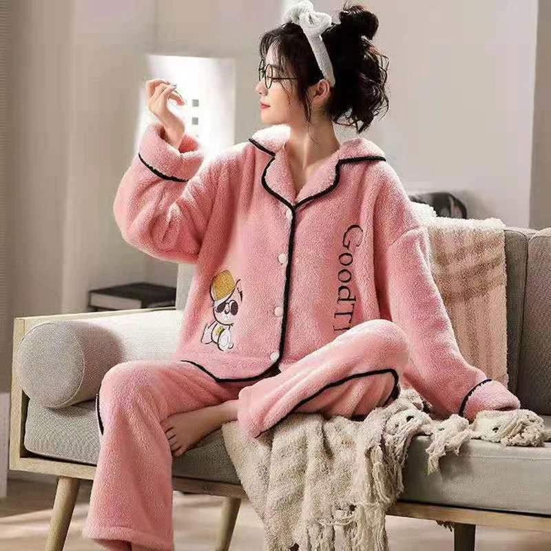 Women's Winter Two Pieces Pajama Suit Length To The Ankle Polyester Warm Comfortable Lapel Breasted Leisure Wear With No Hat