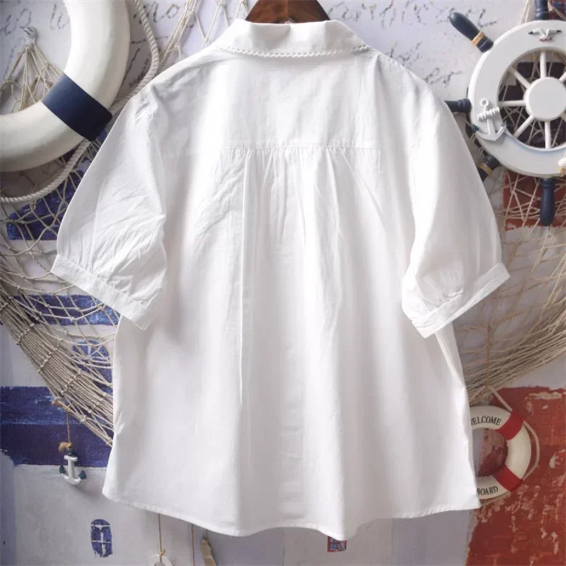 Японские милые рубашки с вышивкой кардиган круглым воротником на пуговицах