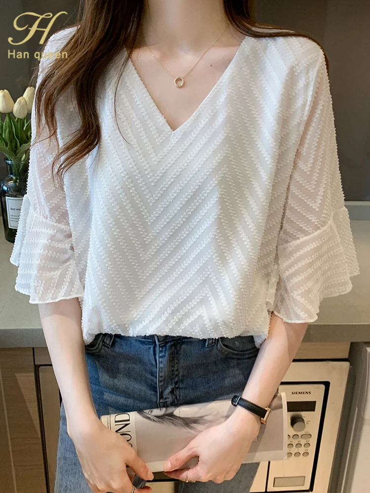 

H Han Queen Spring Summer Elegant V-Neck Flare Sleeve Chiffon Blouse Simple Office Blouse Loose Tops Casual OL Blouses Women's