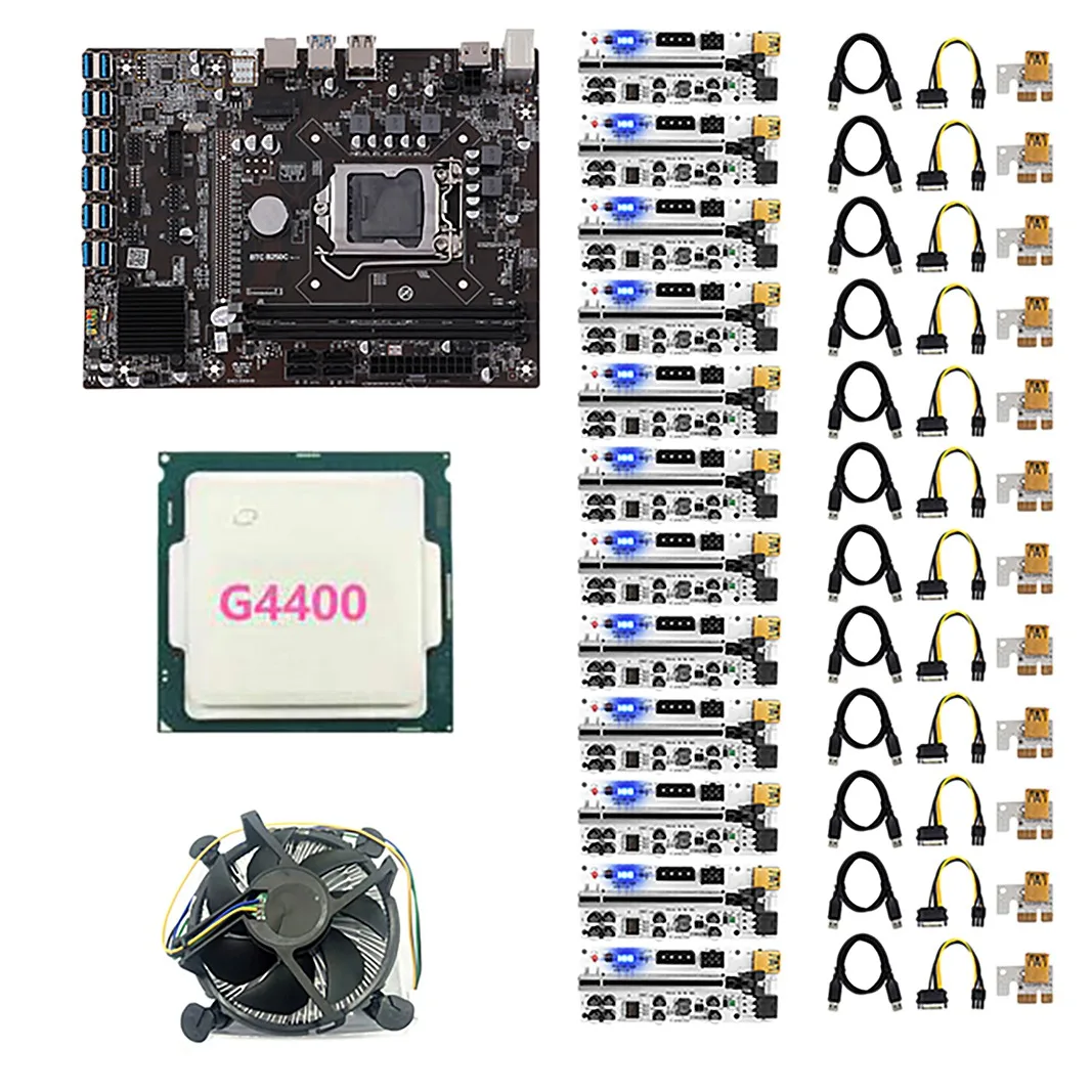 

Материнская плата для майнинга B250C BTC с 12XVER010-X PCIE, переходная карта + процессор G4400 + охлаждающий вентилятор 12 PCIE на USB3.0 LGA1151 DDR4 DIMM