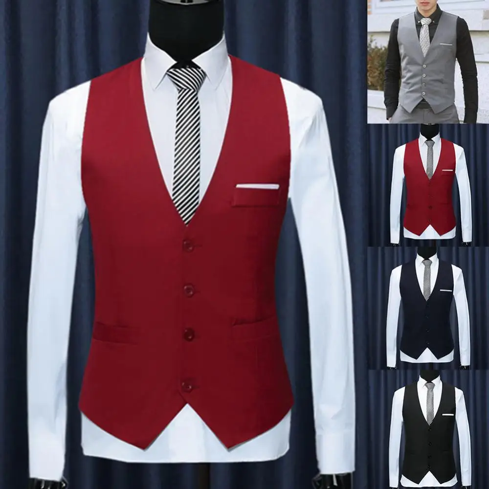 

Модный деловой мужской однотонный блейзер без рукавов с V-образным вырезом и пуговицами, мужской Официальный Тонкий однобортный костюм, жилеты