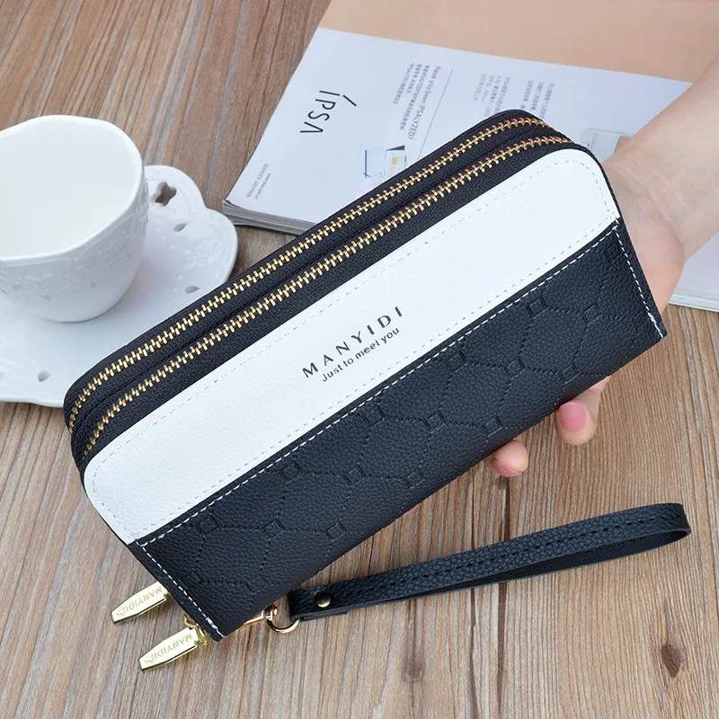 Double Zipper Women Wallet PU Leather Card Holder Long Female Color Matching Lady Cellphone Bag