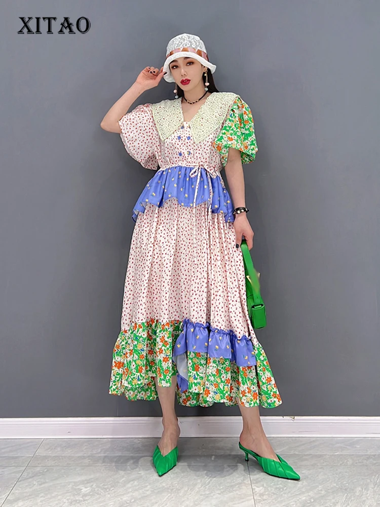 

XITAO Fashion Print Dress Loose Irregular Contrast Color Pleated Splicing Hem Drawstring Bandage Shrink Waist Dress WLD6909