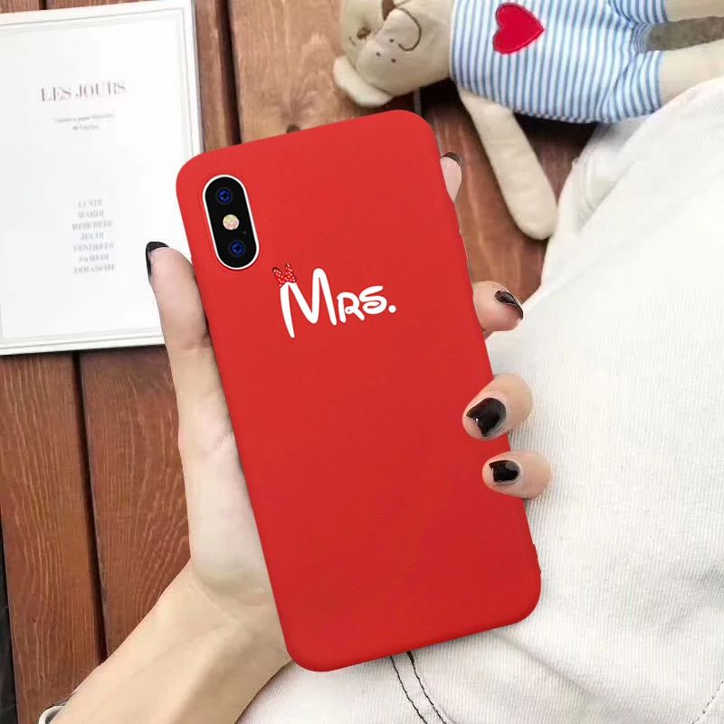 Cute Bow Mr Mrs Couple Case for IPhone 14 Pro Max 13 12 11 XR XS MAX SE 7 8 14Plus Simple Letter Soft Black Silicone Phone Cover